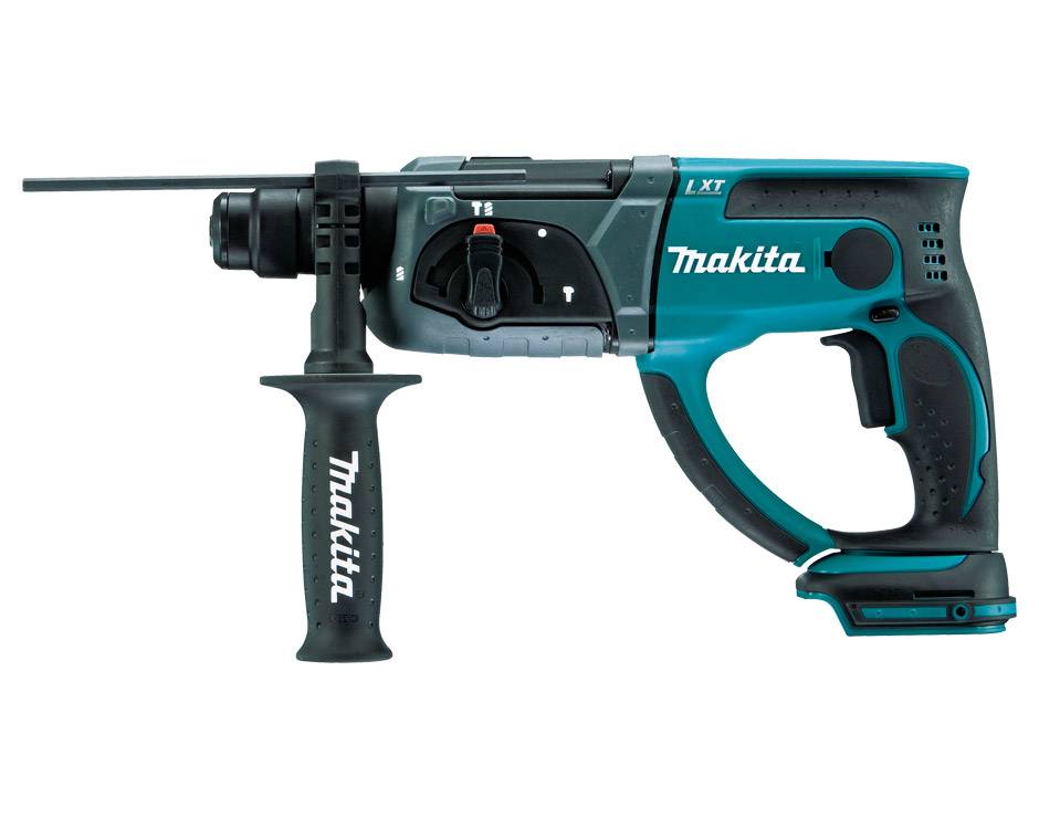 Makita-Akku-Bohrhammer mit Seitegriff, in Profilansicht auf weißem Hintergrund dargestellt.