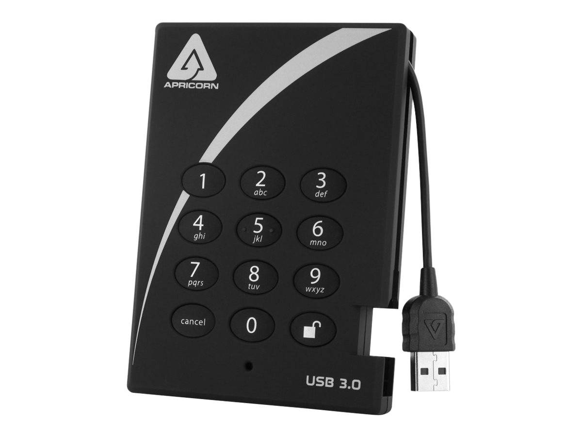 Apricorn USB 3.0 externe Festplatte mit integrierter numerischer Tastatur und schlüsselloses Schloss, gezeigt mit angeschlossenem USB-Stecker.