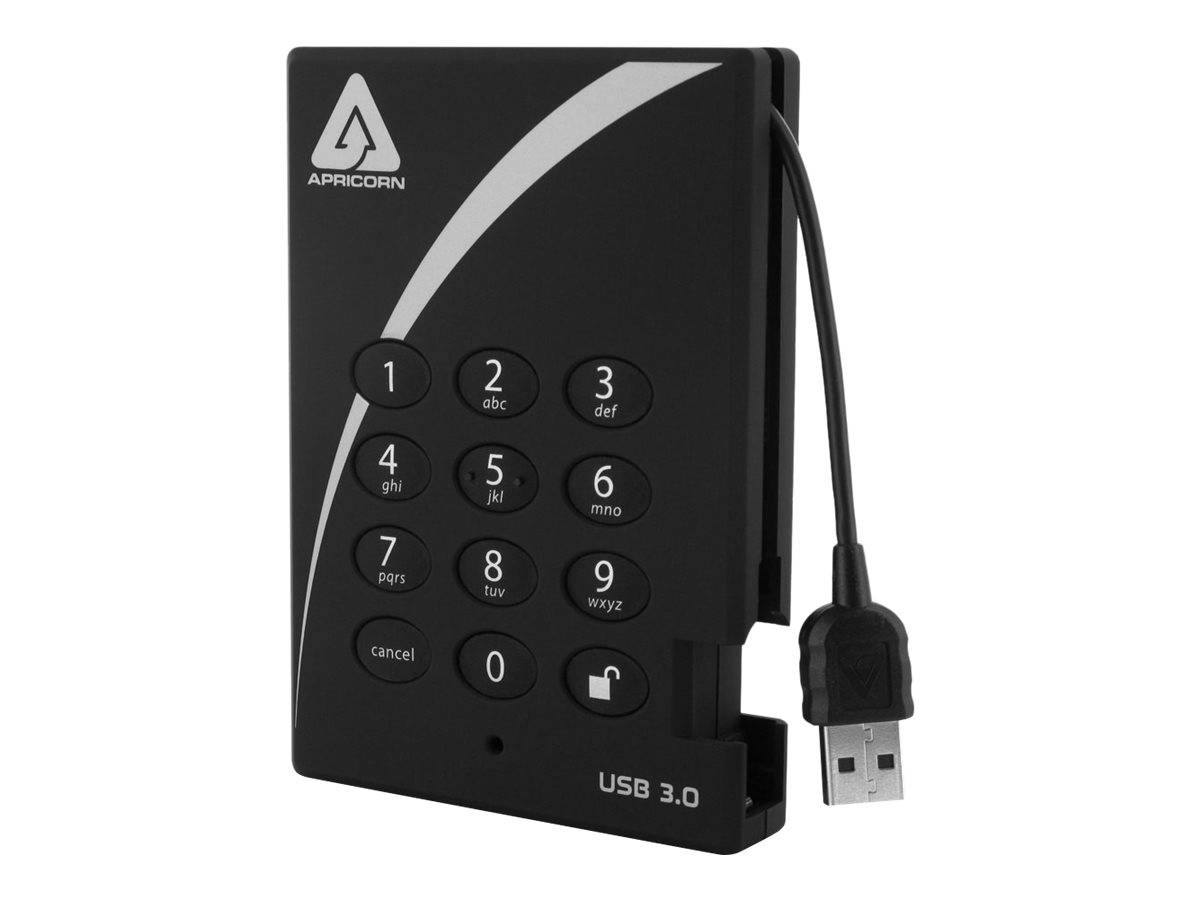 Black Apricorn USB 3.0 externe Festplatte mit integrierter numerischer Tastatur und angeschlossenem USB-Kabel