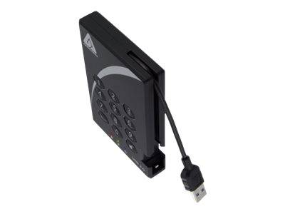 Schwarze USB-Tastatur mit numerischen Tasten und angebundenem USB-Stecker auf weißem Hintergrund.