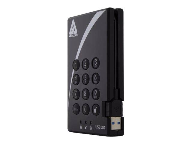 Kompaktes schwarzes Hardware-Sicherheits-Tastenfeld mit numerischen Tasten und Fingerabdruckleser, auf der Seite mit „USB 3.0