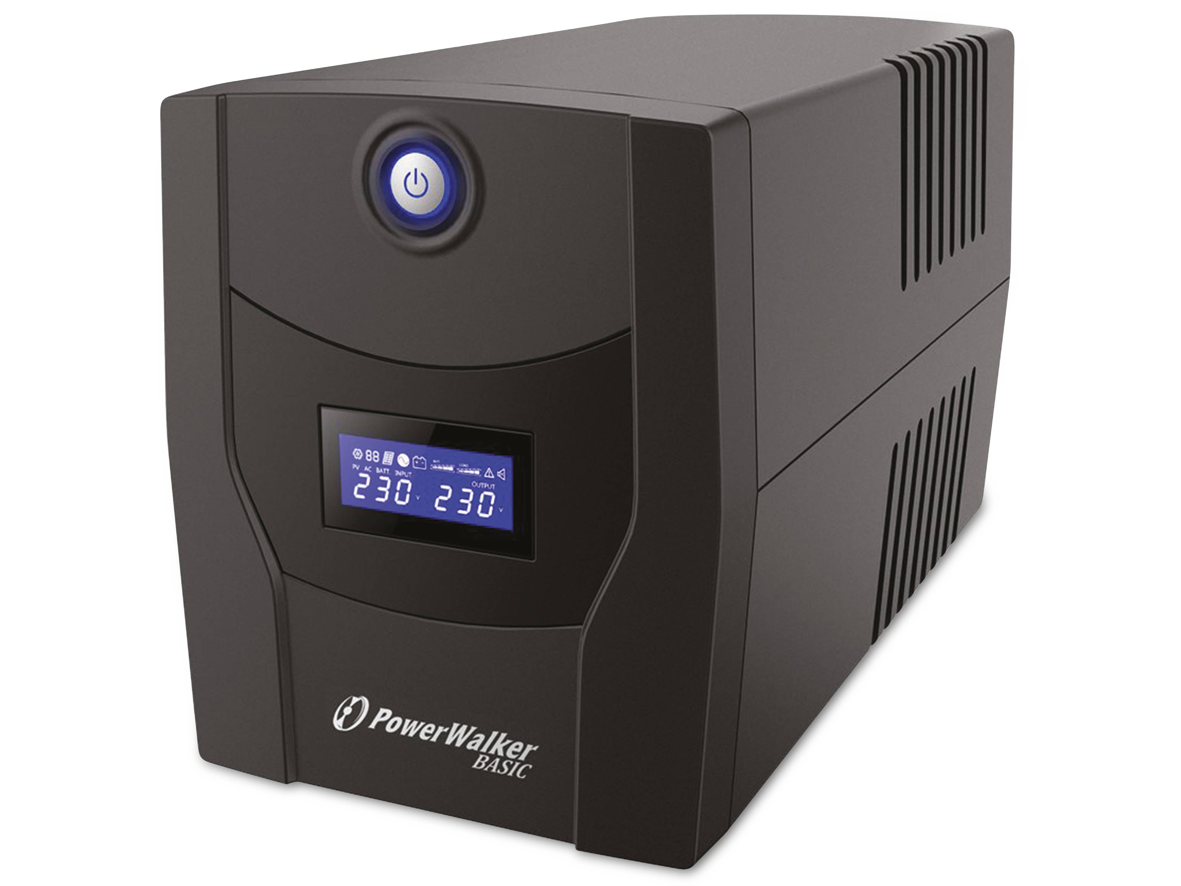 PowerWalker Basic unterbrechungsfreie Stromversorgung in Schwarz mit leuchtender Stromtaste und frontalem LCD-Display mit Anzeige von 230V.