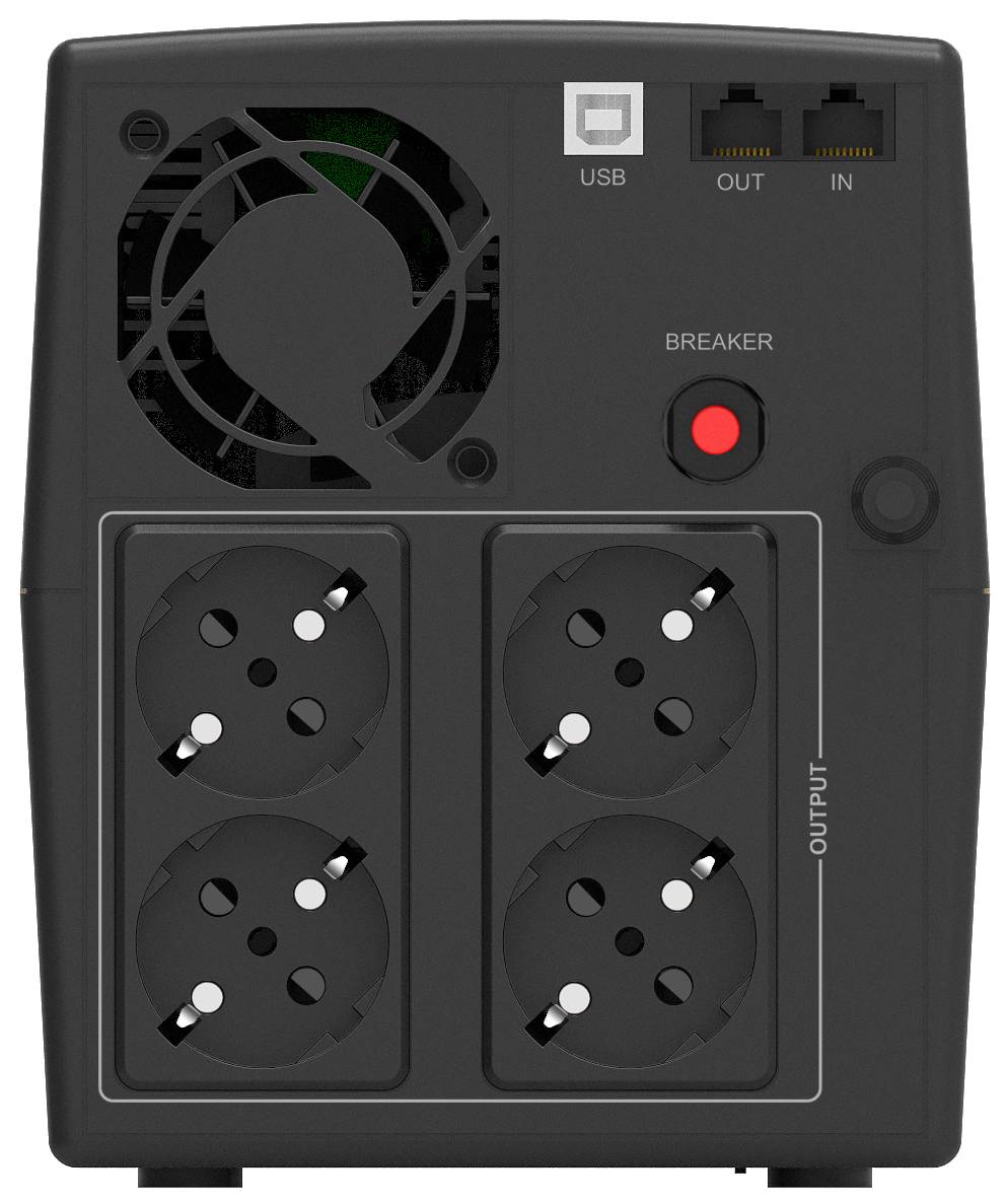 Rückansicht einer USV mit Kühlventilator, USB- und Netzwerkports, Schutzschalter und vier Stromausgängen mit der Bezeichnung OUTPUT.