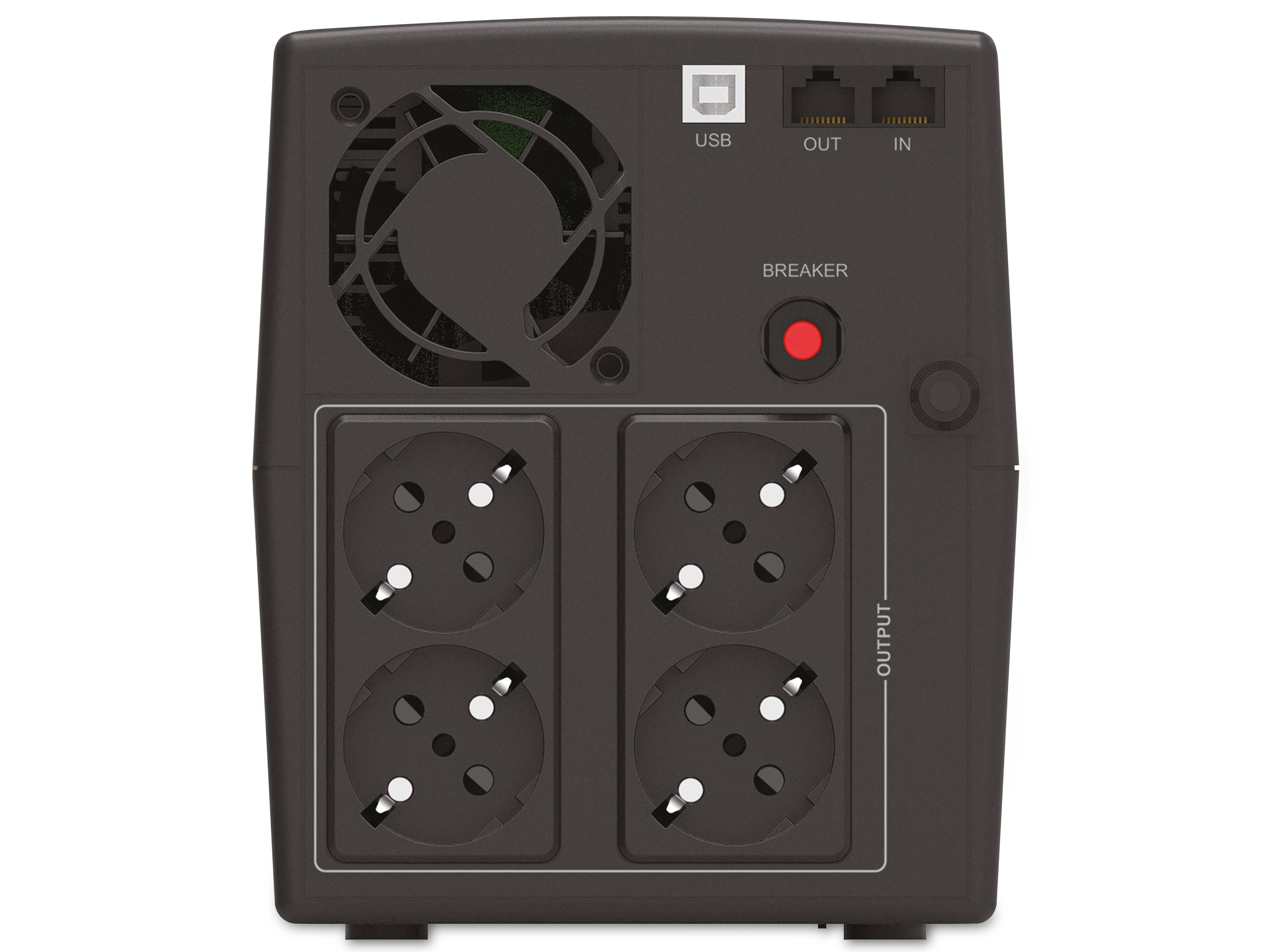 Tragbarer schwarzer Stromwechselrichter mit Kühlventilator, USB-Anschluss, Schutzschalter, Ein-/Ausgabeanschlüssen und vier AC-Steckdosen auf der Frontseite.
