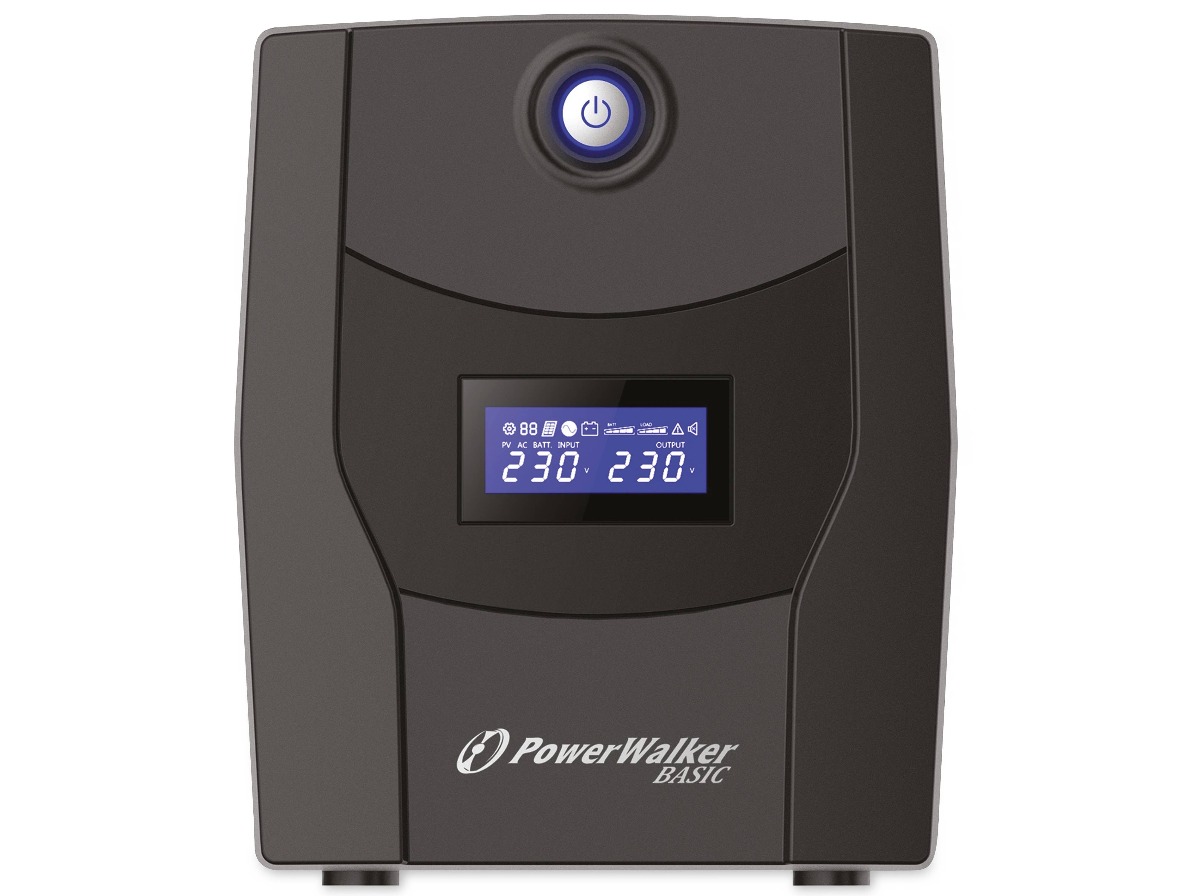 Schwarze PowerWalker Basic USV mit leuchtender Stromtaste und digitalem Display, das 230V Eingangs- und Ausgangsspannung anzeigt.