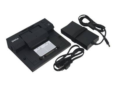 Dell Laptop-Dockingstation mit angefügtem Anschluss, Netzteil und Kabeln auf weißem Hintergrund