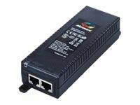 Schwarze elektronische Adapterbox mit zwei Ethernet-ähnlichen Anschlüssen auf der Vorderseite und einem Logo/Etikett auf der Oberseite, gezeigt auf weißem Hintergrund.