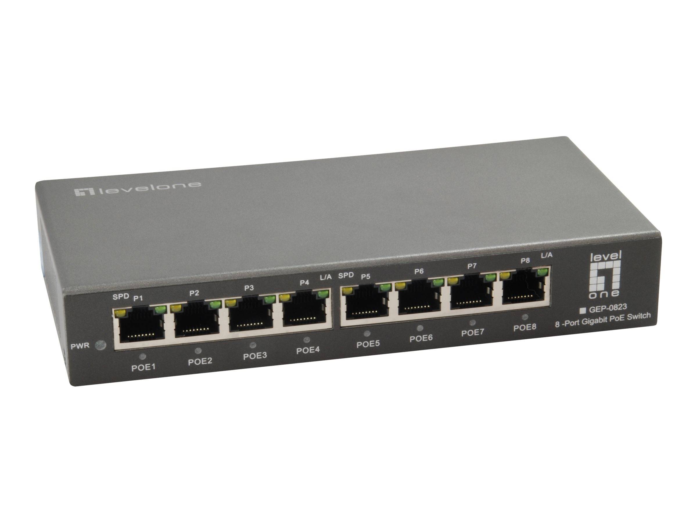 Grauer 8-Port LevelOne Gigabit PoE+ Netzwerk-Switch in Schrägansicht auf weißem Hintergrund, mit Statusleuchten und beschrifteten Ethernet-Anschlüssen.
