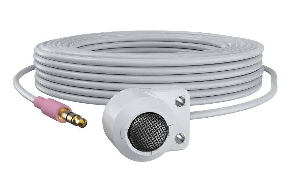 Aufgerolltes graues Audiokabel mit einem rosa 3,5-mm-Stecker und einem runden Metallgitteranschluss, gezeigt auf weißem Hintergrund.
