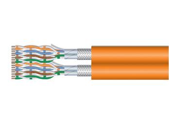 Illustration eines Ethernet-Kabelquerschnitts mit verdrehten Adernpaaren in einer orangen Außenschicht.
