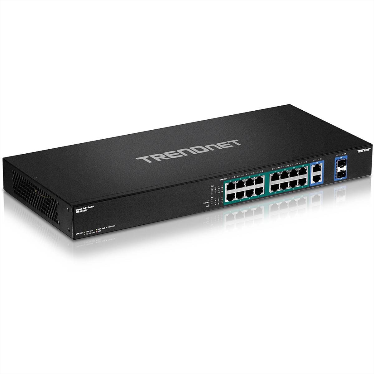 Schwarzer TRENDnet Ethernet-Netzwerk-Switch mit mehreren RJ45-Anschlüssen und zwei Uplink-Ports, dargestellt auf weißem Hintergrund.