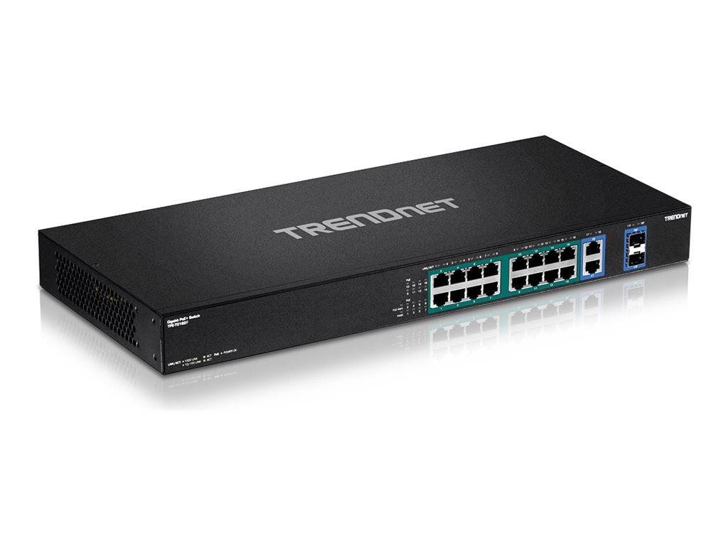 Schwarzer TRENDnet 16-Port-Ethernet-Switch mit nach vorne gerichteten Netzwerkports und Statusleuchten auf weißem Hintergrund