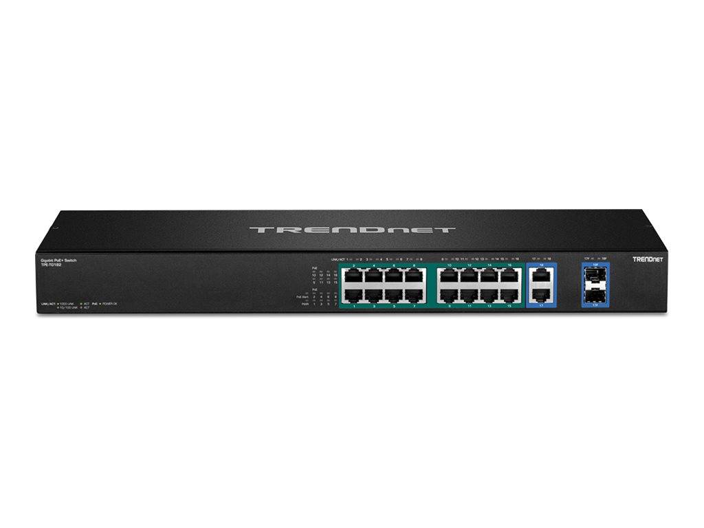 Vorderansicht eines TRENDnet Ethernet-Netzwerk-Switches mit mehreren RJ45-Anschlüssen und zwei Uplink-Anschlüssen in einem schwarzen Rack-Mount-Gehäuse.