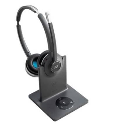 Drahtloses Over-Ear-Kopfhörerset, das auf einer Ladestation mit einem runden Steuerpad auf der Basis ruht.