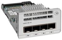 Modularer Netzwerk-Schaltermodul mit vier Ethernet-Anschlüssen und internen Steckerstiften, dargestellt in Frontal- und schrägem Blickwinkel.