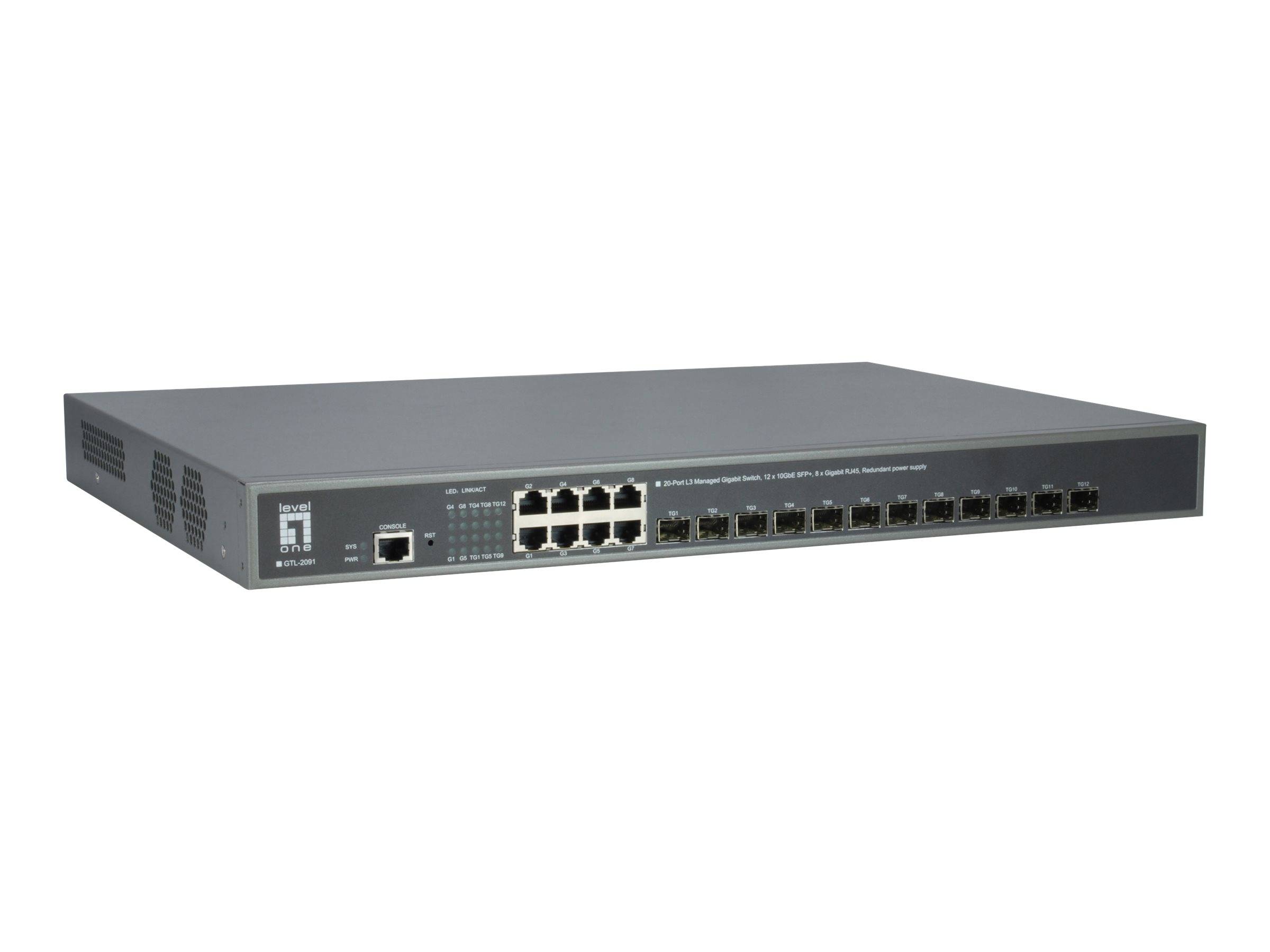 Frontansicht eines Rack-Mount-Ethernet-Netzwerk-Switches mit mehreren RJ45-Anschlüssen und einem Uplink-Port auf einem grauen Gehäuse.