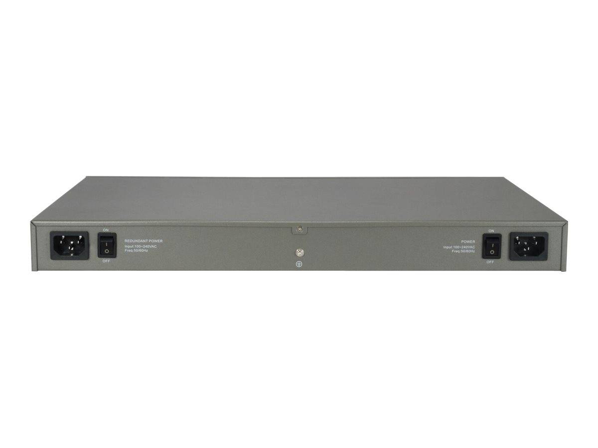 Vorderansicht einer grauen Rack-Mount-Stromversorgungseinheit mit AC-Ein- und Ausgangsbuchsen an beiden Enden, dargestellt vor weißem Hintergrund.