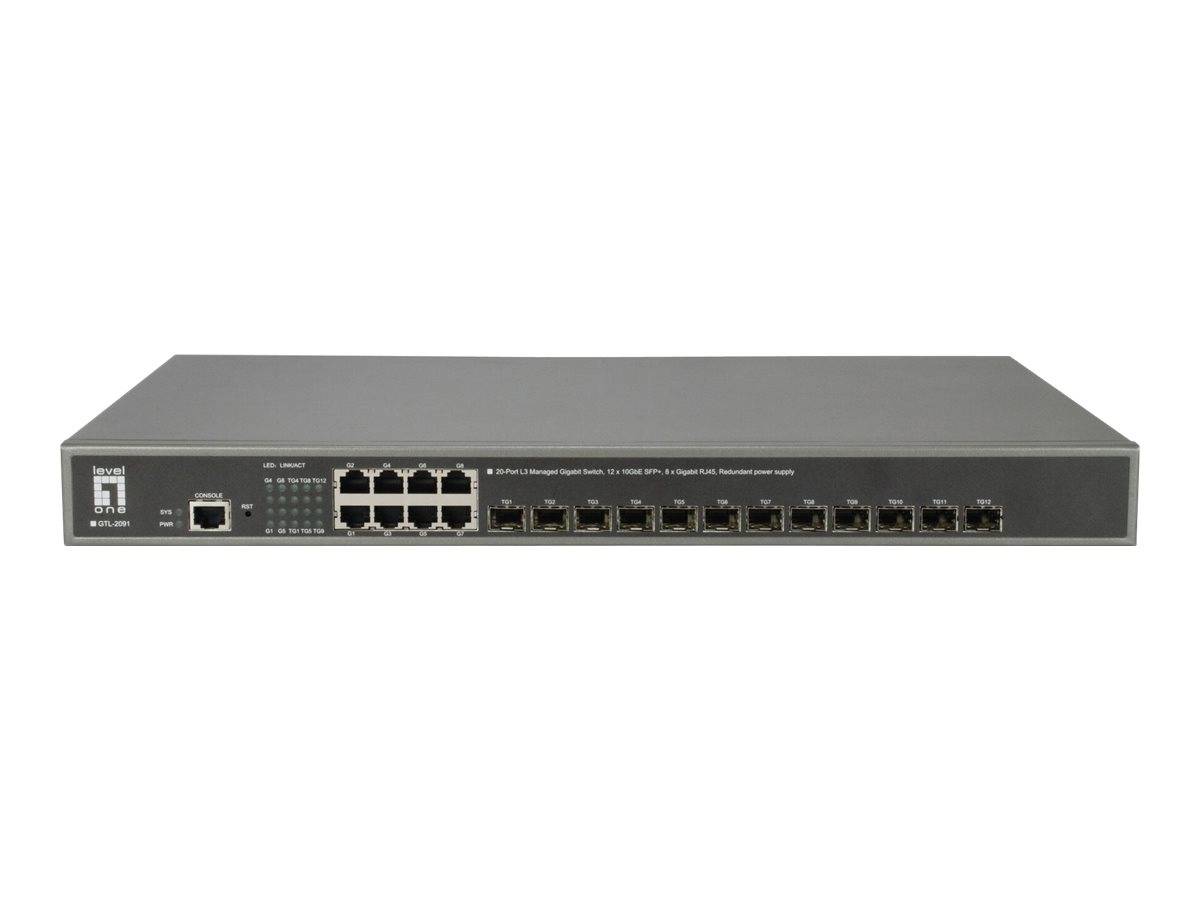 Frontansicht eines Rack-Mount-Netzwerk-Switches mit mehreren Ethernet-Anschlüssen und einem Status-LED-Panel auf weißem Hintergrund