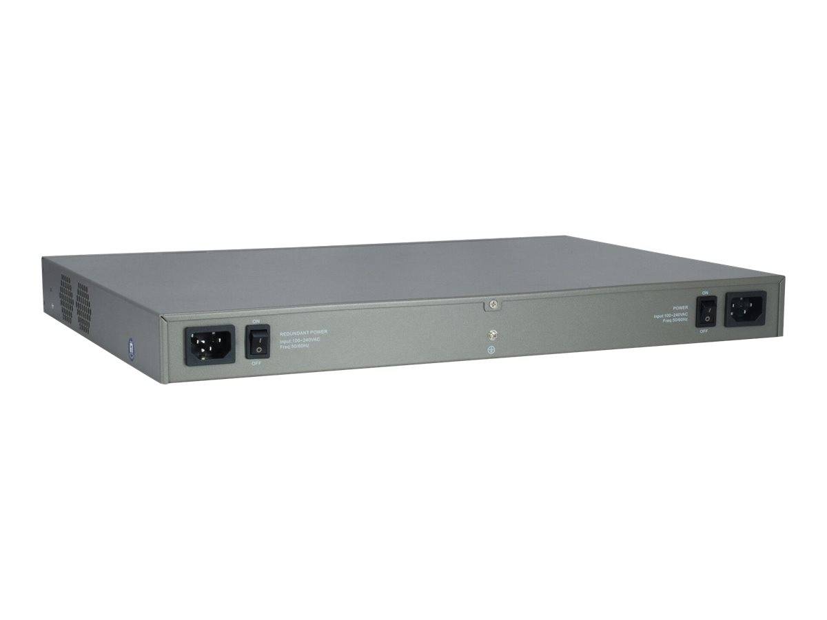 Grauer, in einem Rack montierter Netzwerk-Hardware-Baukasten mit vorderen Stromversorgungssteckern und Statusleuchten auf weißem Hintergrund