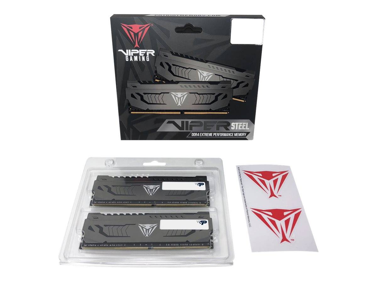 Verpackung und Inhalt des Viper Gaming Steel DDR4-Speicherkits: zwei RAM-Module in einem transparenten Gehäuse, mit Markenbox und Aufkleberbogen.