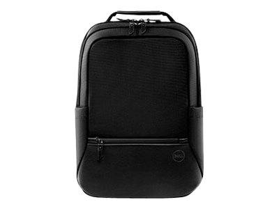 Schwarzer Rucksack mit Vordertasche mit Reißverschluss und Griff oben auf weißem Hintergrund