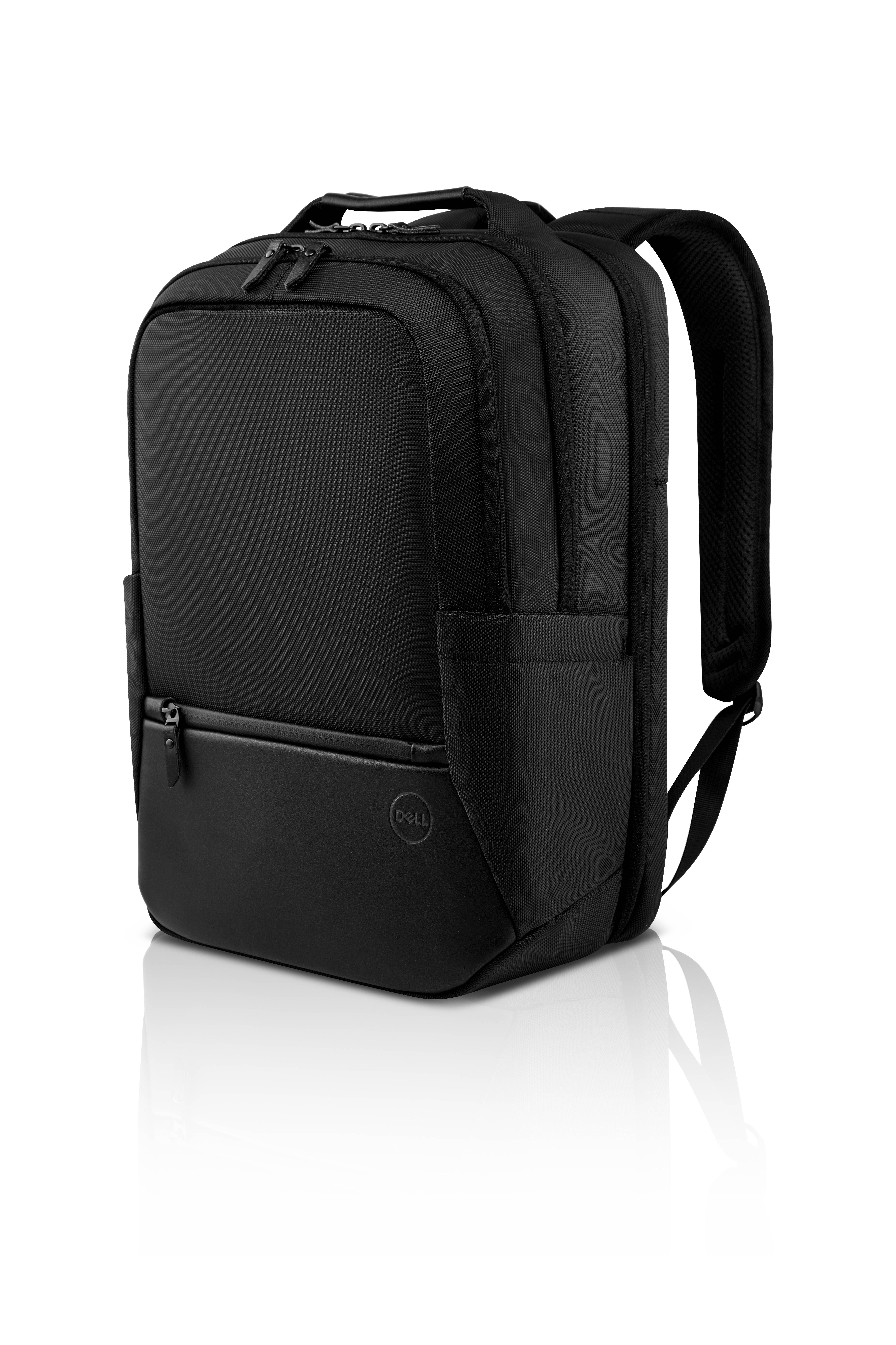 Schwarzer Rucksack mit einer vorderen Reißverschlusstasche, Griff oben und gepolsterten Schultergurten, shown on a white background.