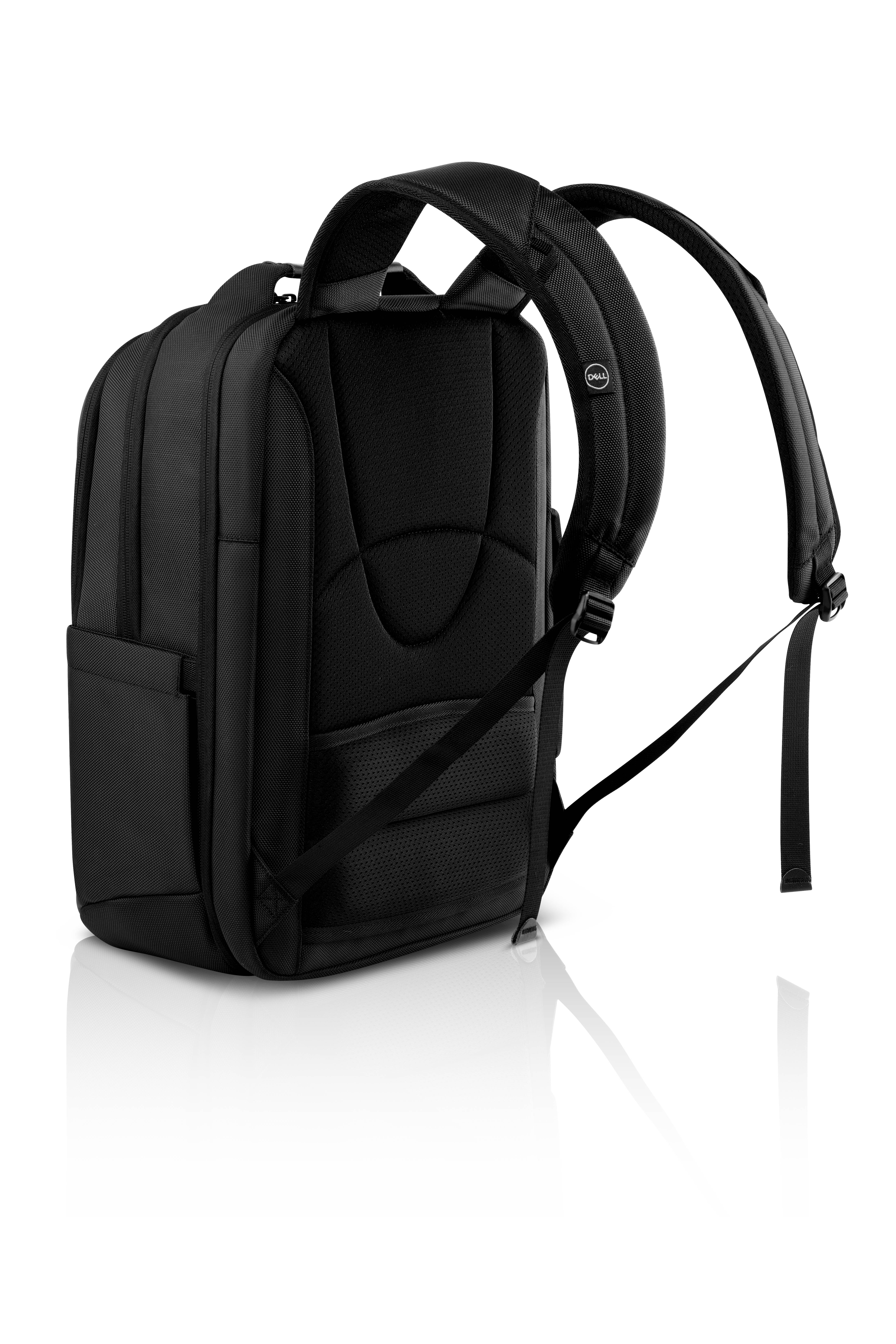 Schwarzer Rucksack von hinten gezeigt, mit gepolsterten Schultergurten, mehreren Reißverschlussfächern und einer Seitentasche, auf weißem Hintergrund.