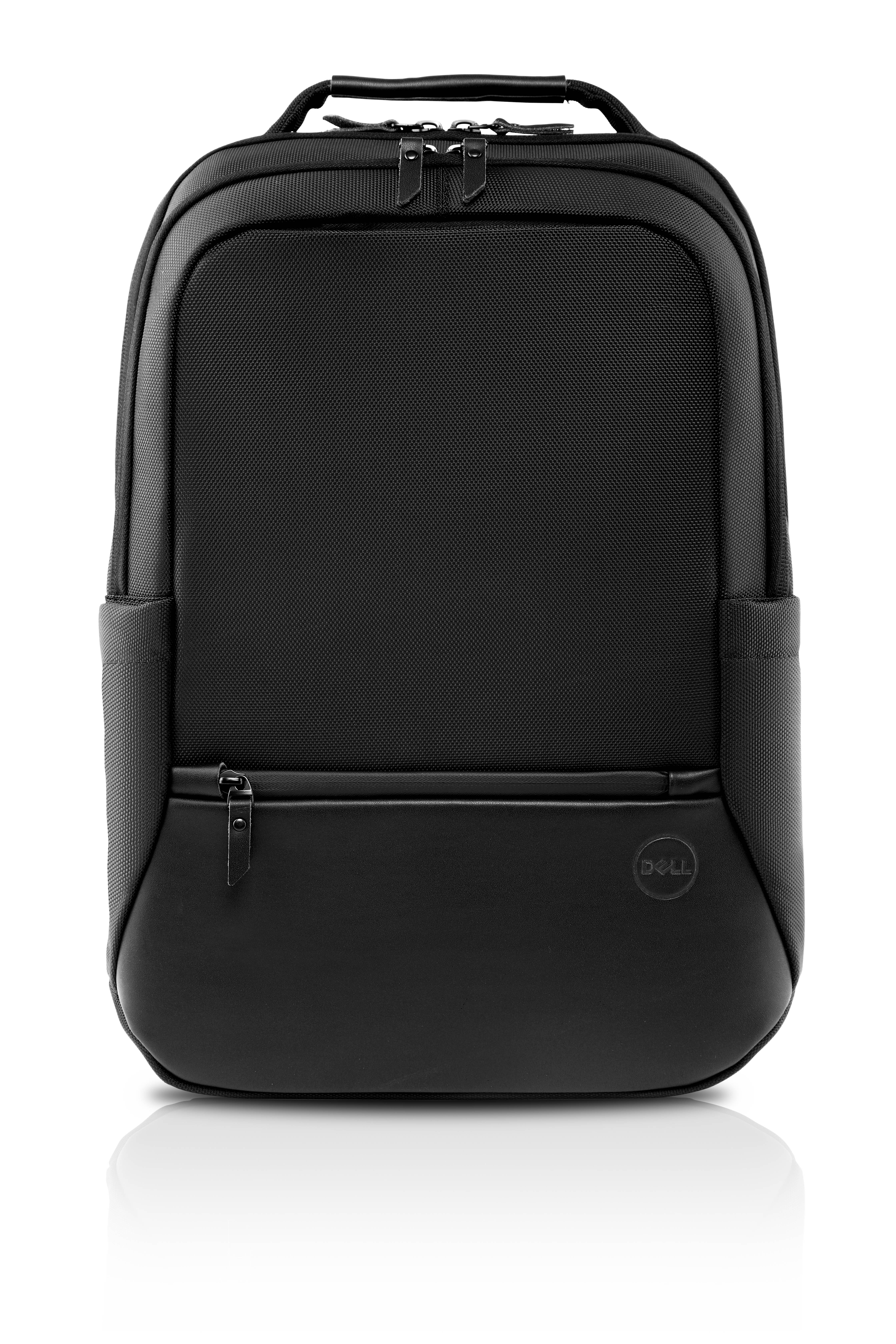 Schwarzer Rucksack mit oberem Tragegriff, vorderer Reißverschlusstasche und gepolstertem minimalistischem Design auf weißem Hintergrund.