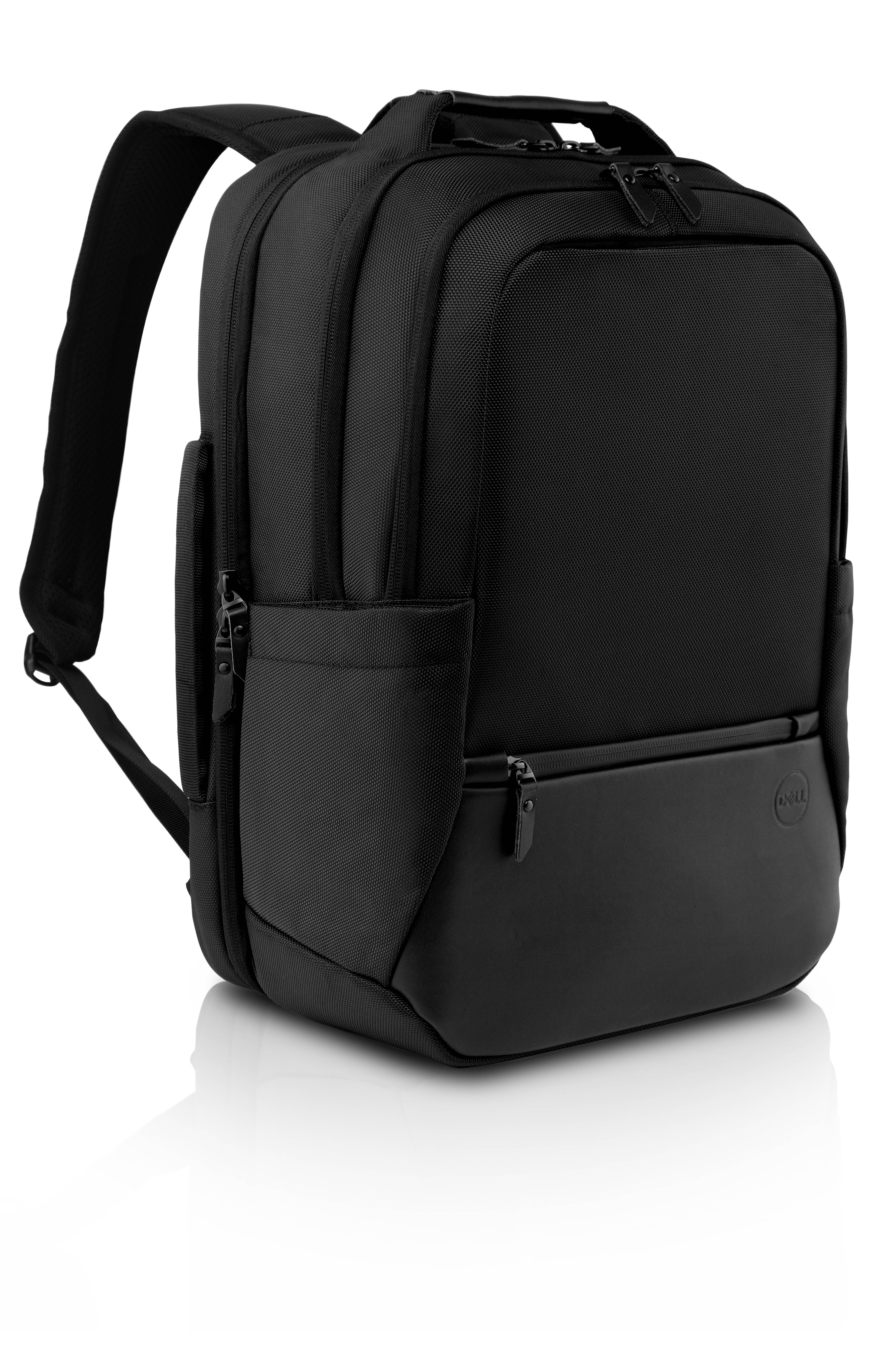 Schwarzer rechteckiger Rucksack mit gepolsterten Schultergurten, vorderer Reißverschlusstasche, Seitentasche und oberer Tragegriff auf weißem Hintergrund.