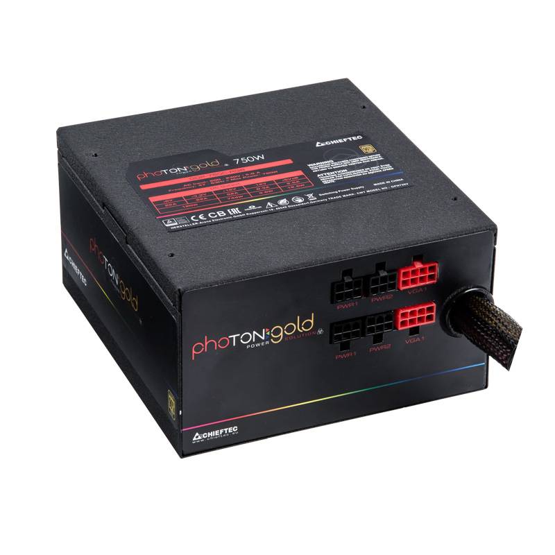 Schwarzes modulares Stromversorgungsgerät für Computer mit der Bezeichnung „Photon Gold 750W" mit sichtbaren Kabelanschlüssen und angebrachtem geflochtenen Kabel.