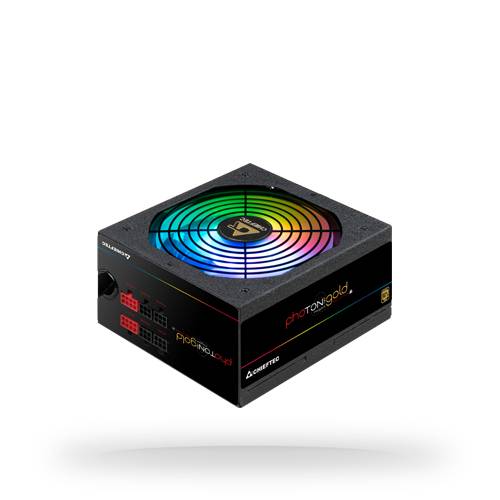 Schwarzes PC-Netzteil mit regenbogenfarbig beleuchteter Lüftergitter und modularen Kabelanschlüssen auf weißem Hintergrund dargestellt.