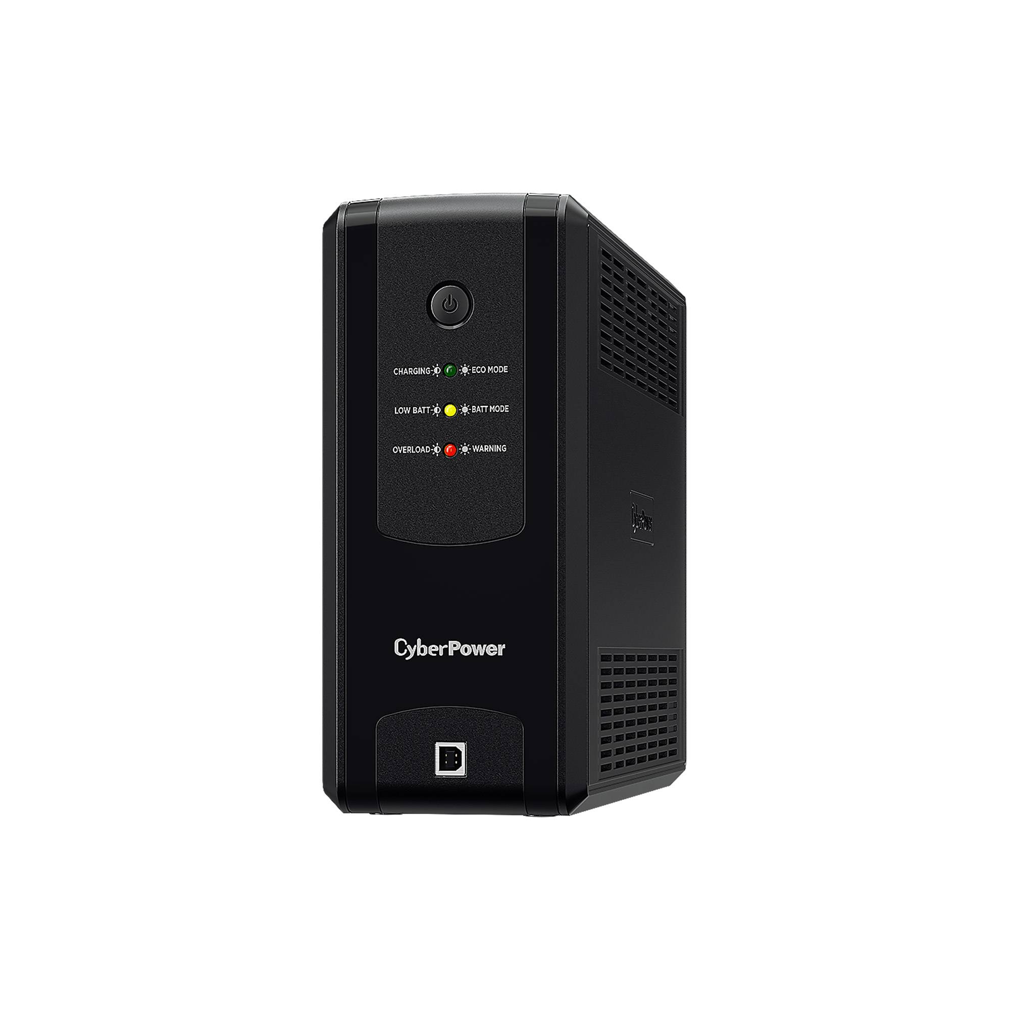 Schwarzer CyberPower USV-Batteriesicherungs-Tower mit vorderen Statusleuchten und Stromschalter auf weißem Hintergrund.