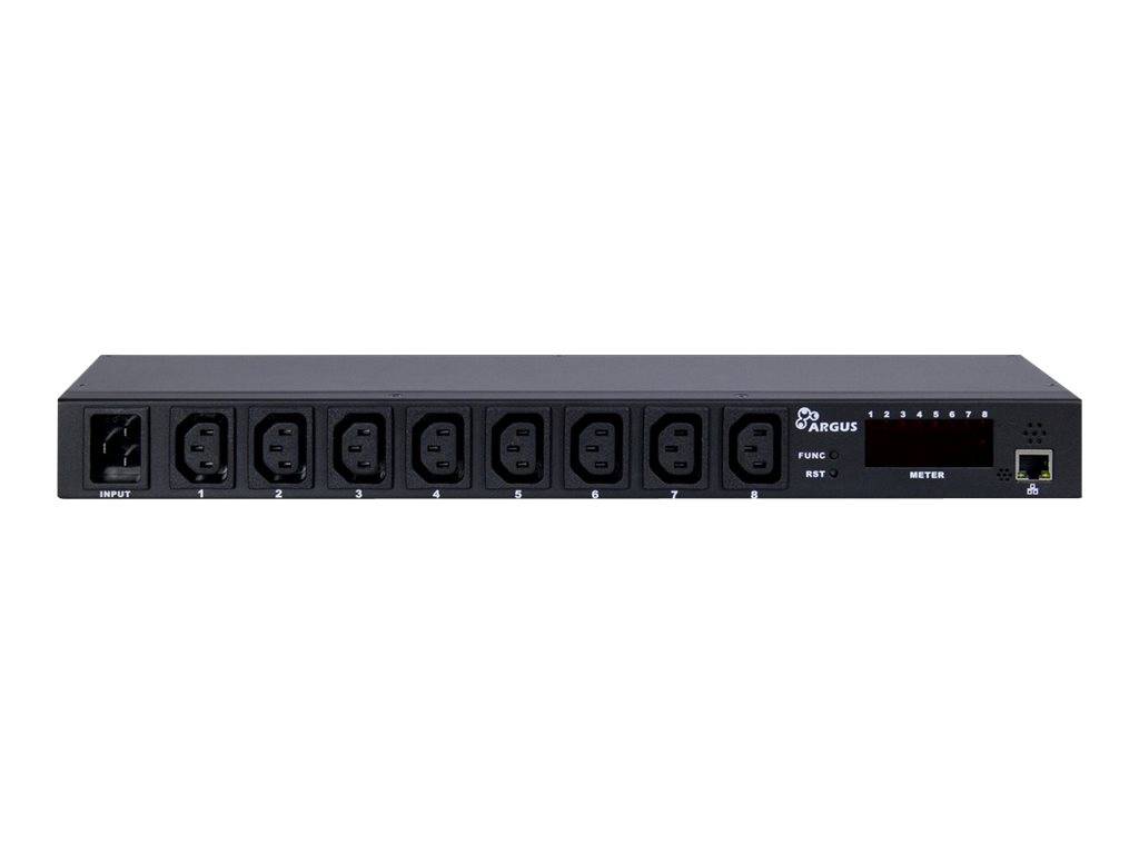 Frontansicht einer schwarzen Rack-Stromverteilungseinheit mit mehreren AC-Steckdosen, einer Eingangsbuchse, einem Statusmessgerät und einem Ethernet-Anschluss auf der rechten Seite.