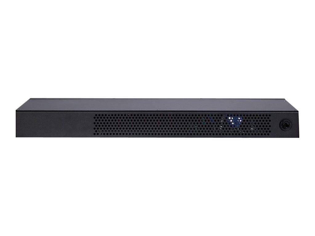Schwarzes Rack-Mount-Netzwerkgerät in Vorderansicht mit perforiertem Lüftungsgitter und Netzschalter auf weißem Hintergrund
