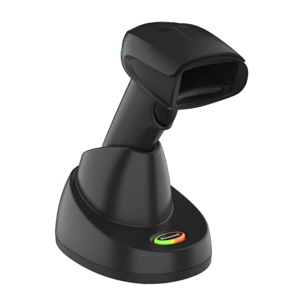 Schwarzer tragbarer Barcode-Scanner in einer Ladestation mit einer kleinen grünen und roten Statusleuchte auf der Basis.