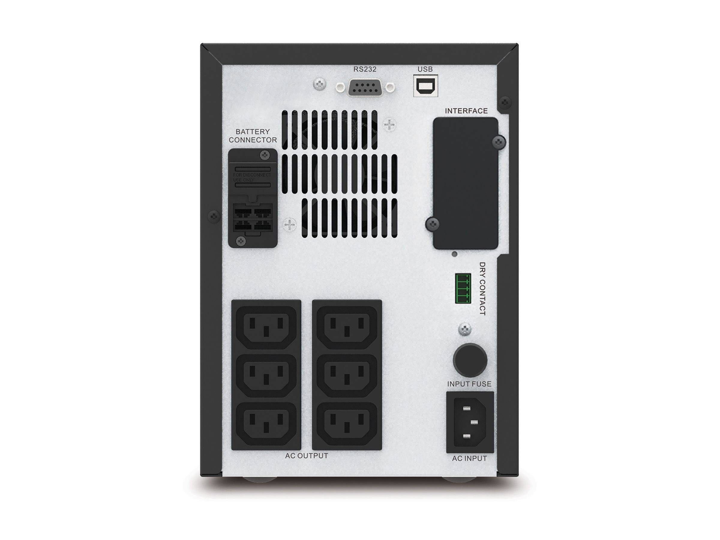 Rückansicht einer Batterie-Backup-Einheit mit Batteriestecker, USB- und RS232-Anschlüssen, Schnittstellenfeld, Belüftungsschlitzen und sechs Wechselstromausgangsbuchsen mit Wechselstromeinganz und Sicherung.