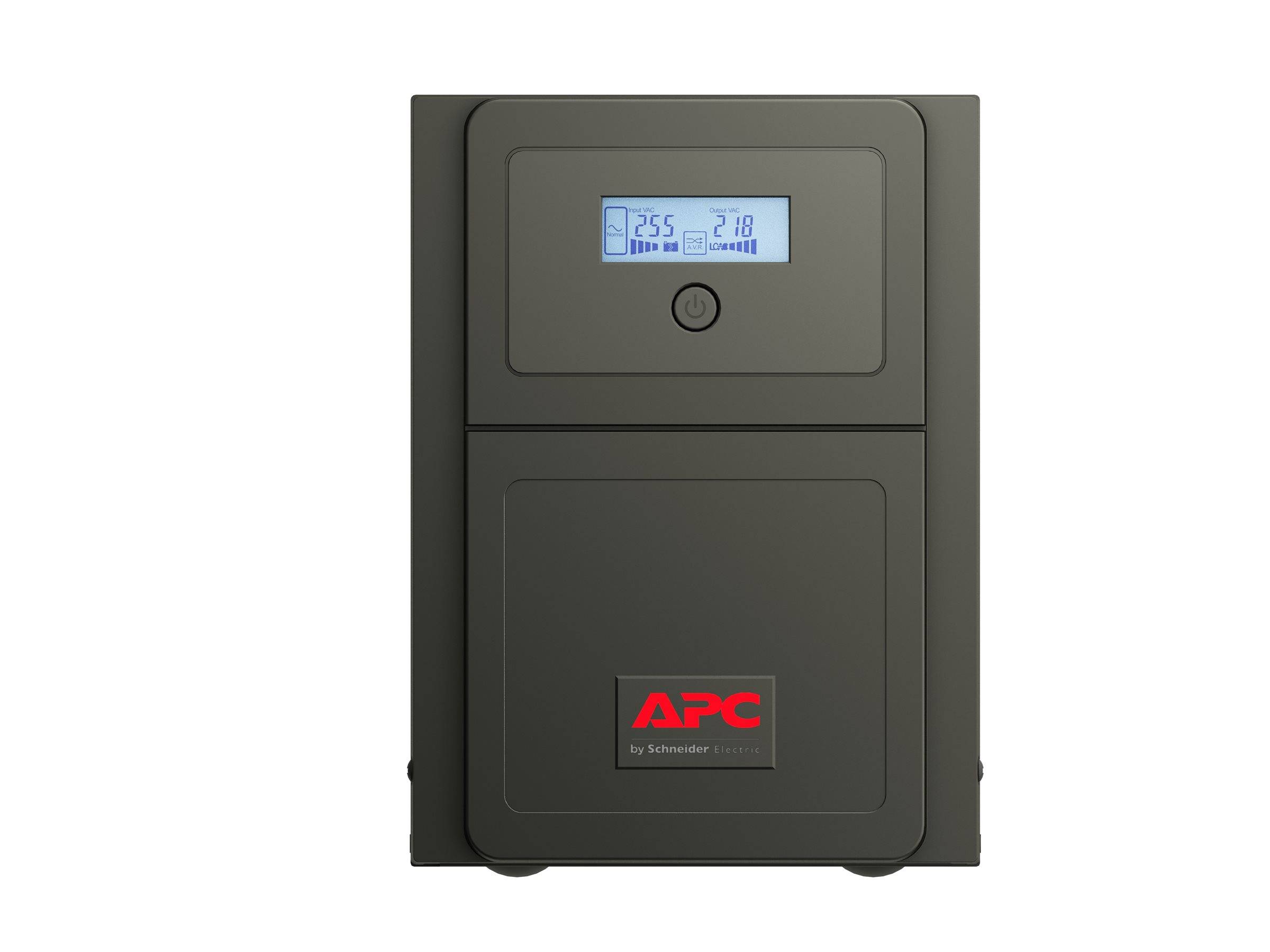 Vorderansicht einer unterbrechungsfreien Stromversorgung von APC by Schneider Electric mit kleinem LCD-Display und Stromschalter