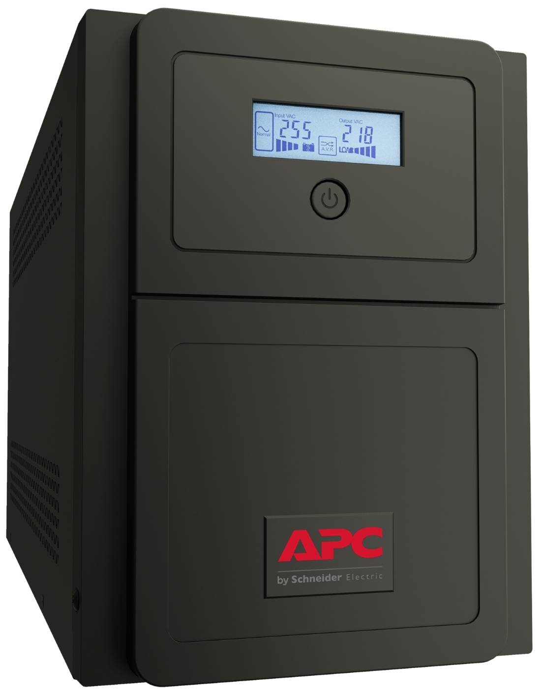 Schwarze APC von Schneider Electric Unterbrechungsfreie Stromversorgung mit frontalem LCD-Display und Stromschalter.