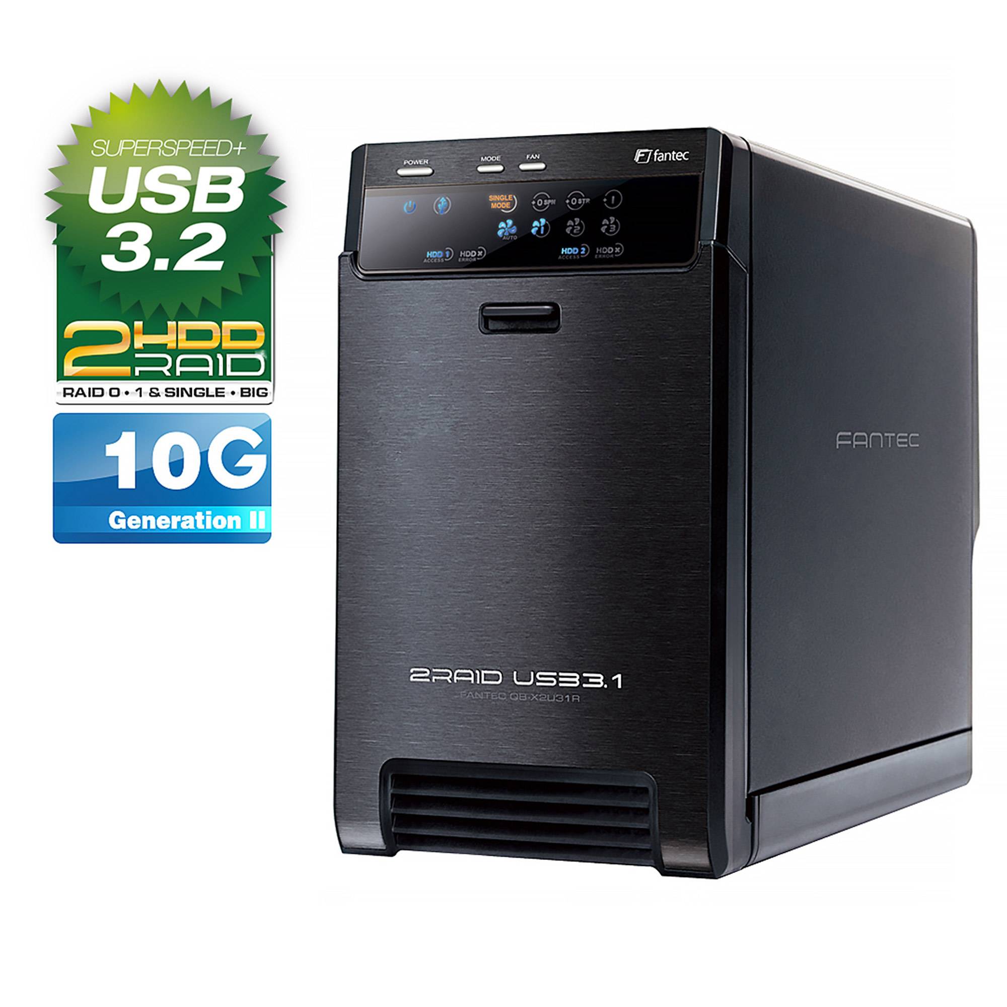 Produktbild eines Fantec 2-Schacht-RAID-externen Festplattengehäuses mit den Bezeichnungen USB 3.2, 2 HDD RAID und 10G Generation II.