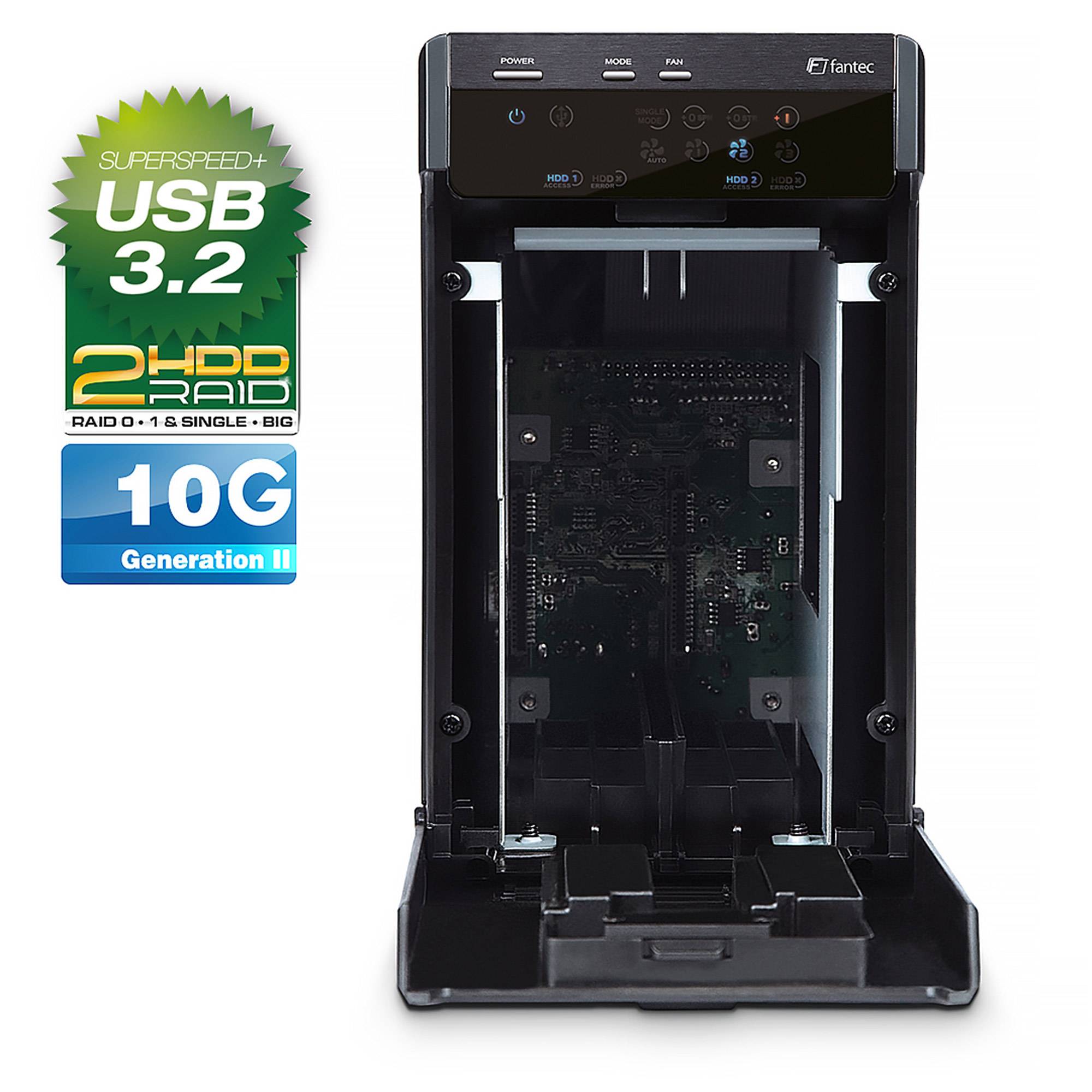 Schwarzes 2-Schacht-Festplattenlaufwerk-RAID-Gehäuse mit offenem frontseitigen Tablett und frontseitiger Anzeige, gekennzeichnet mit USB 3.2, 2 HDD RAID und 10G Generation II.