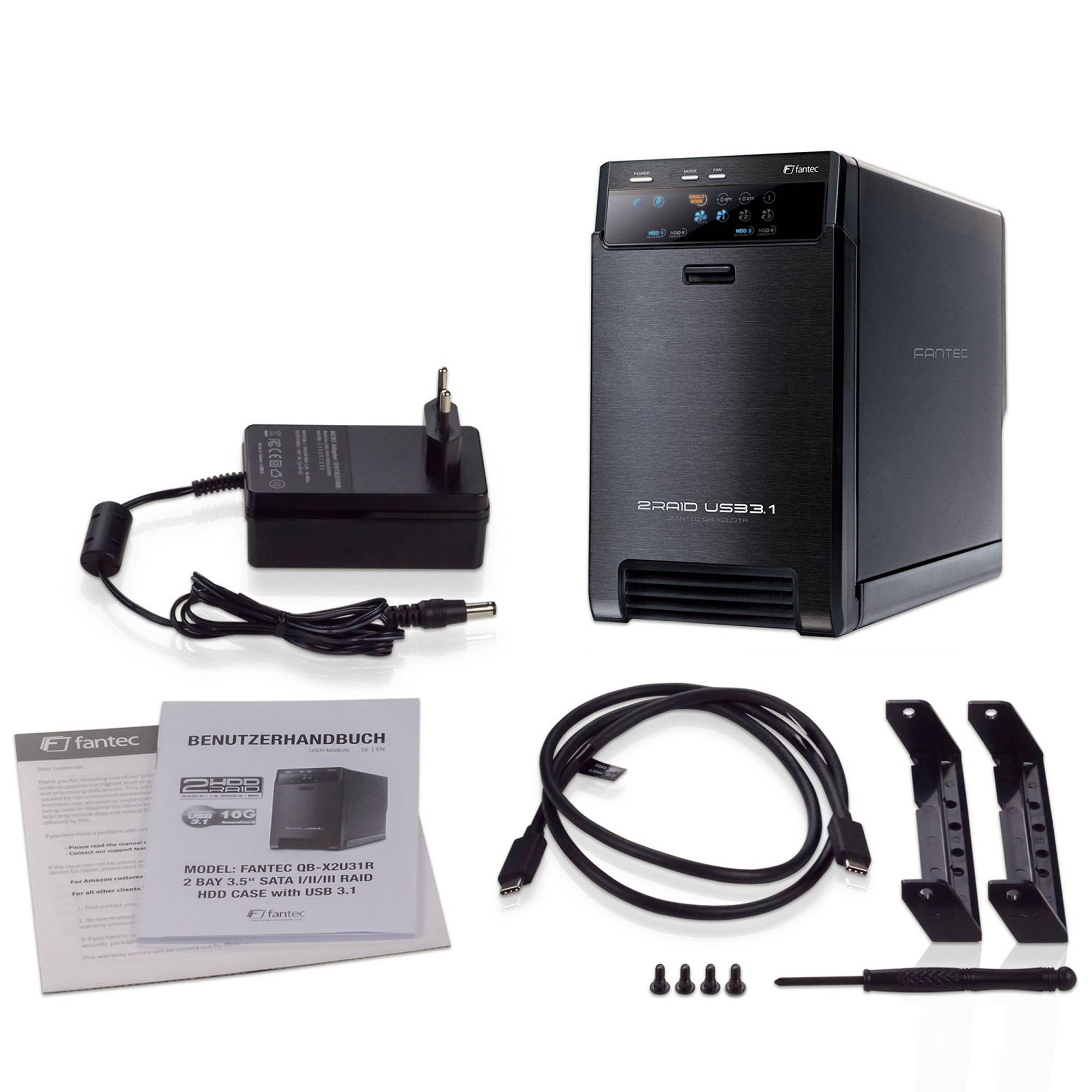 Externes Fantech 3,5-Zoll-Festplattenlaufwerk-Gehäuse-Set mit Netzteil, USB-Kabel, Anleitung, Schrauben, Schraubendreher und Laufwerk-Halterungen.