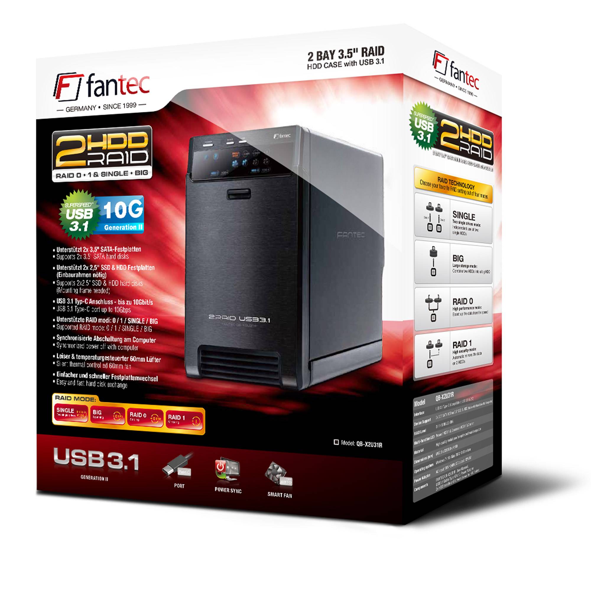Fantec 2-Schacht-3,5-Zoll-RAID-Festplattengehäuse mit USB 3.1, dargestellt als Einzelhandelverpackung mit Produktabbildung und RAID-Modus-Symbolen.