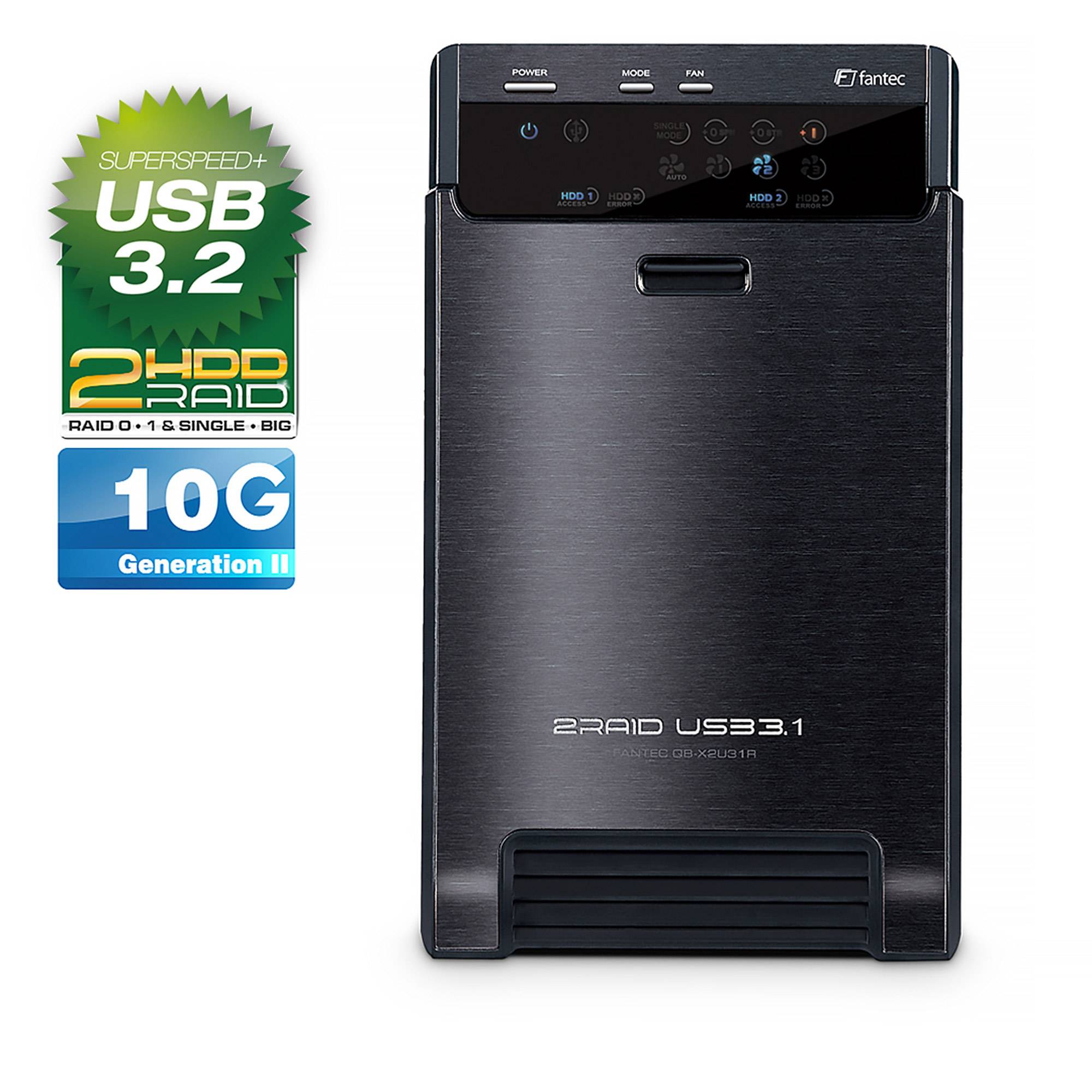 Fantec Zwei-Schacht-Externes Festplattengehäuse mit Beschriftungen für USB 3.2, 10G und 2HD RAID, in Vorderansicht mit Statussteuerelementen dargestellt.