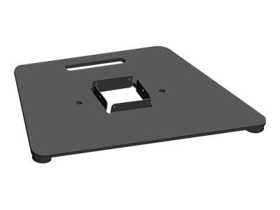 Dunkelrechteckige Montageplatform mit abgerundeten Ecken, Schlitzen und Löchern sowie einer erhabenen quadratischen Mittelöffnung.