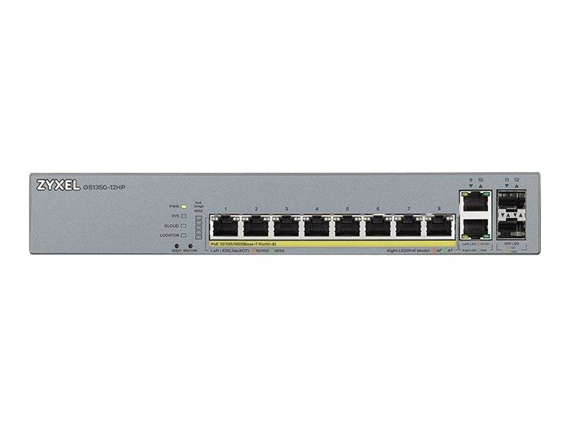 Vorderansicht eines Zyxel GS1510-24HP Netzwerk-Switches mit acht Ethernet-Anschlüssen und zusätzlichen Uplink-/SFP-Anschlüssen auf der rechten Seite.