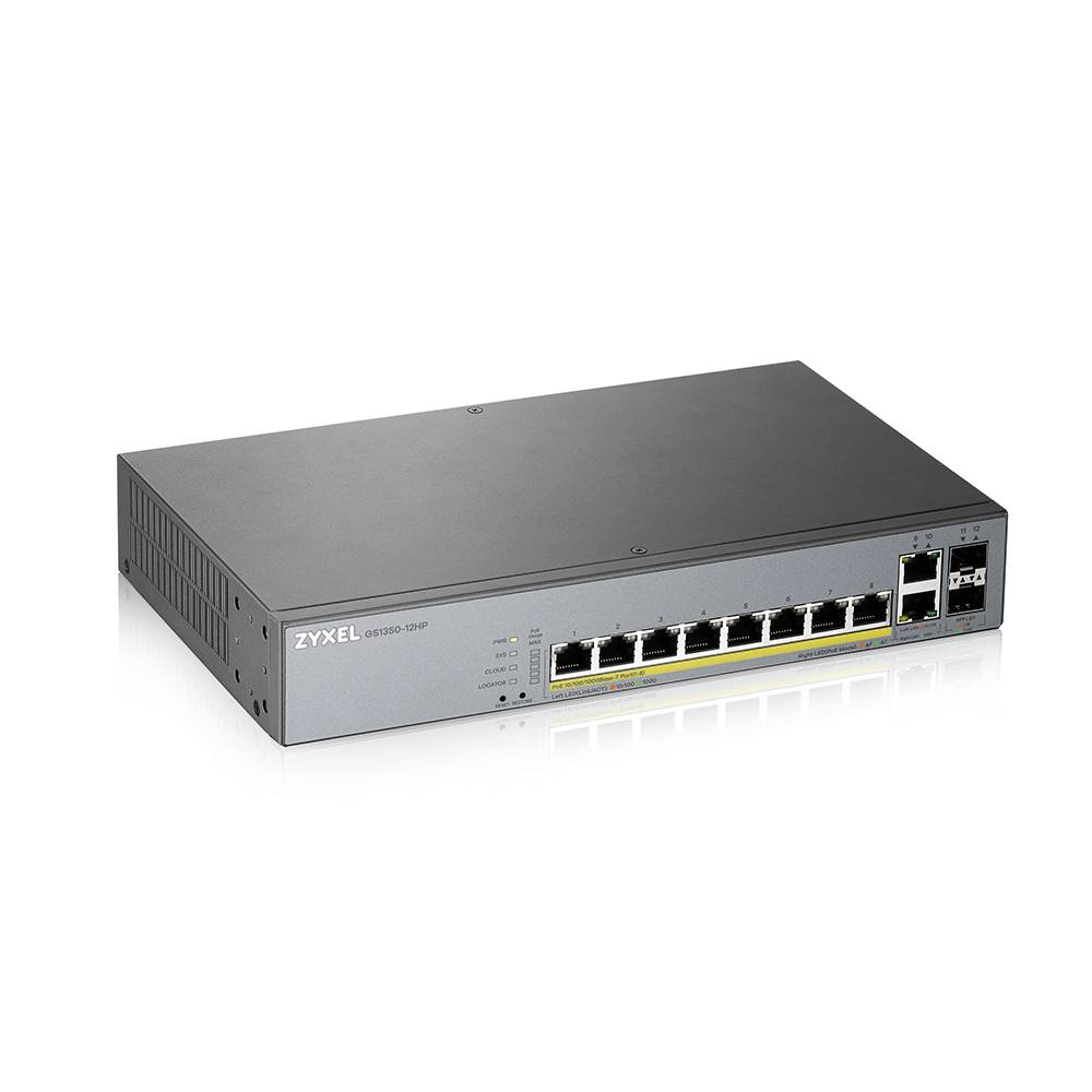 Ein Zyxel-Netzwerk-Switch mit acht Ethernet-Anschlüssen und zwei Uplink-Anschlüssen auf der Frontplatte.