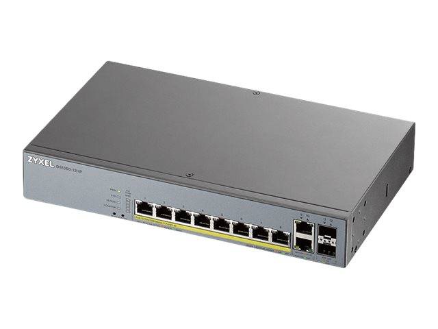 Grauer ZyXEL-Netzwerk-Switch mit mehreren Ethernet-Anschlüssen, gezeigt in einem Produktfoto auf weißem Hintergrund