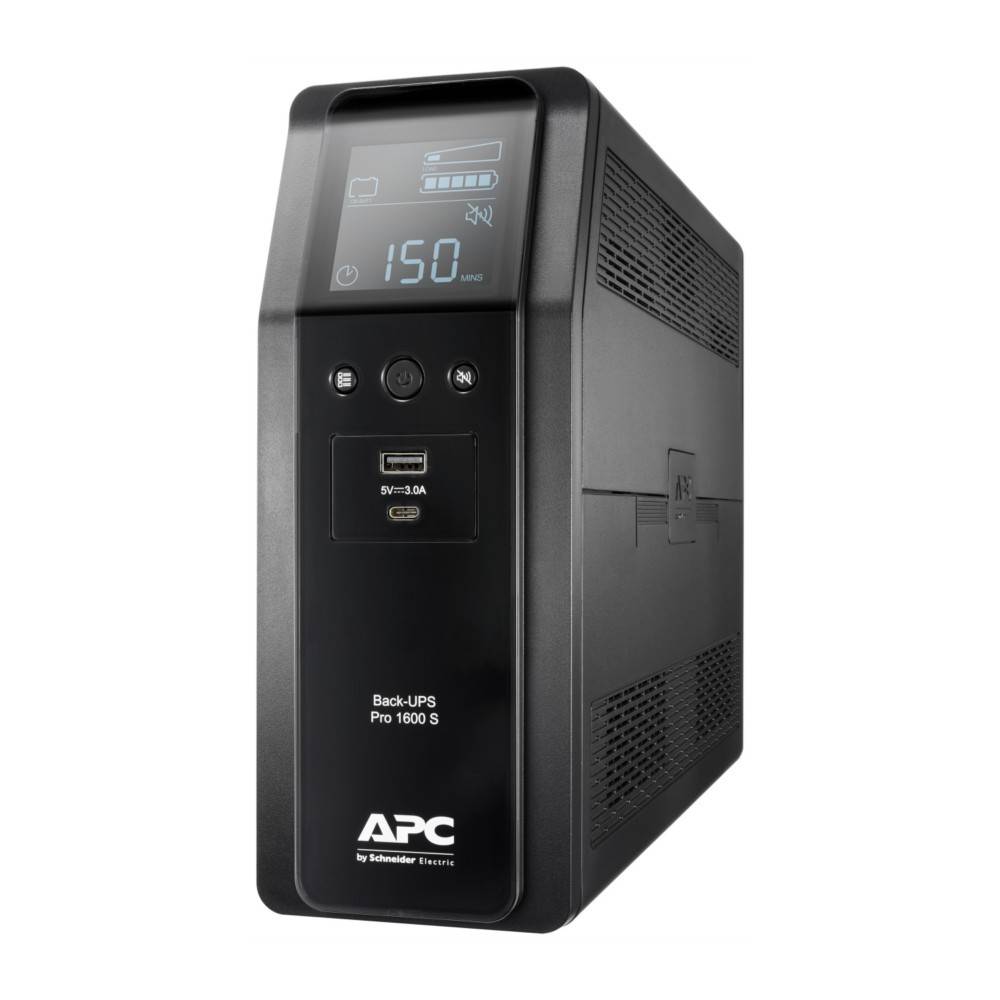 Ein schwarzes APC Back-UPS Pro 1600 S mit digitaler Anzeige, die '150' zeigt, einem USB-Anschluss und einem Knopf auf der Frontplatte.