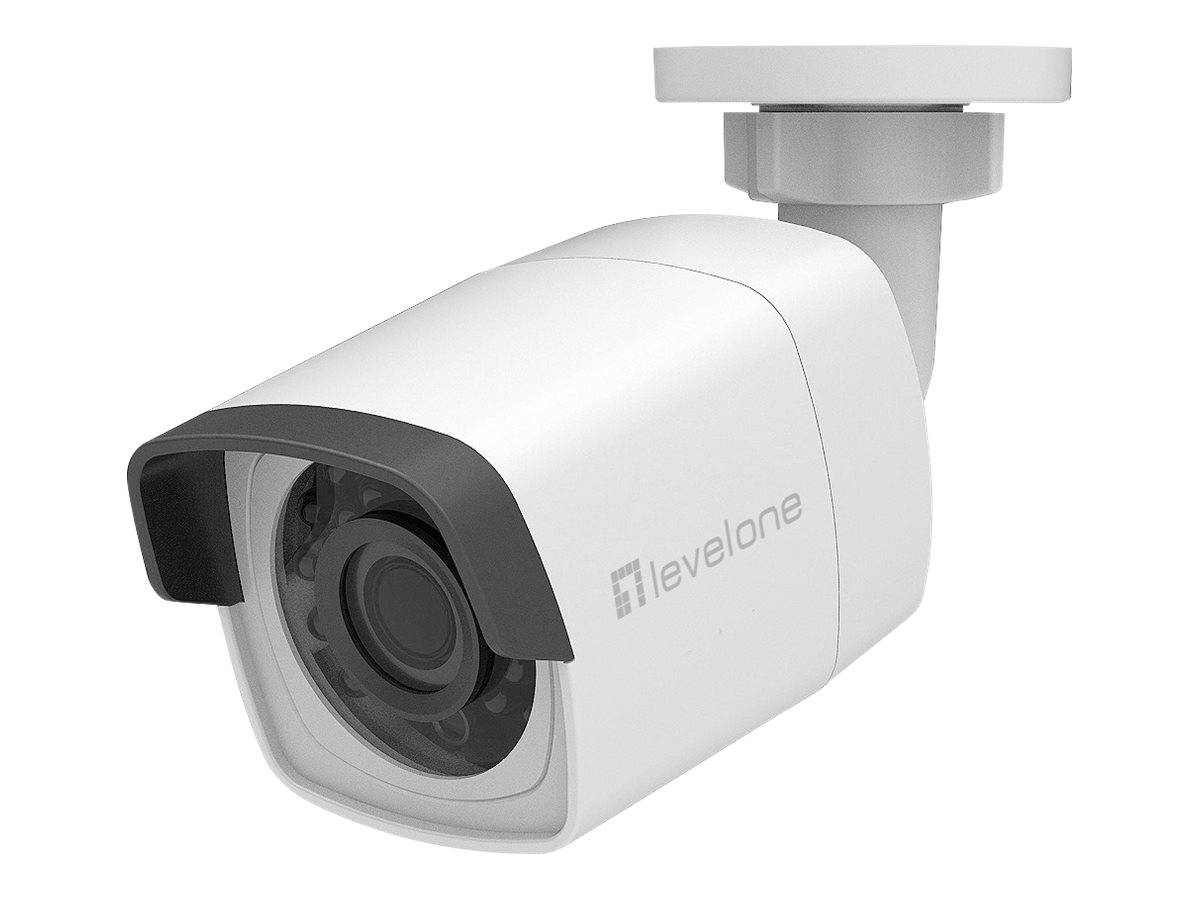 Weiße LevelOne-Sicherheits-CCTV-Bulletkamera mit schwarzer Objektivblende, montiert auf einer Deckenhalterung vor weißem Hintergrund.