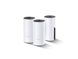 Drei weiße zylindrische Mesh-Wi-Fi-Geräte, wahrscheinlich ein Whole-Home-Router-System, in einer Reihe auf weißem Hintergrund angeordnet.